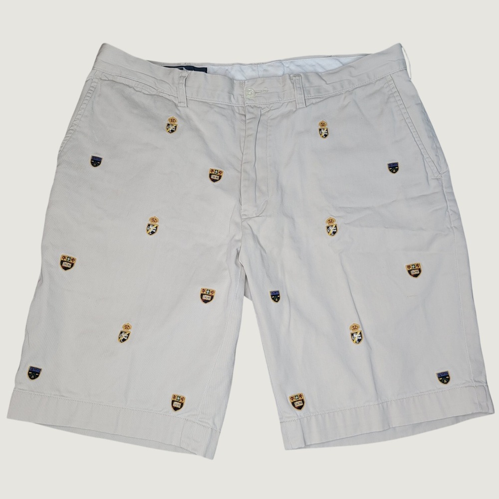 Polo Ralph Lauren Mens Chino Shorts 35 Tan Beige Embroidered Crest Shield Y2K